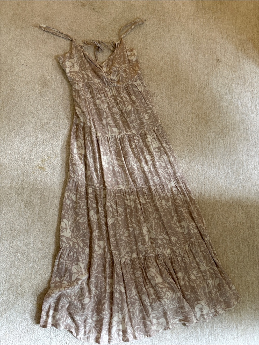 Women’s Beige Floral Maxi Dress - Sleeveless V-Neck